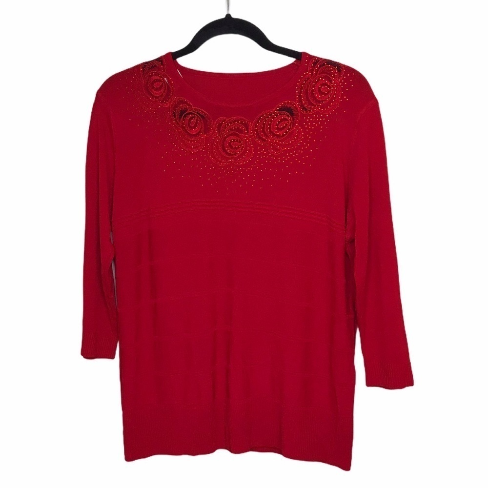 Red Floral Lace Beaded Crop Sleeve Sweater